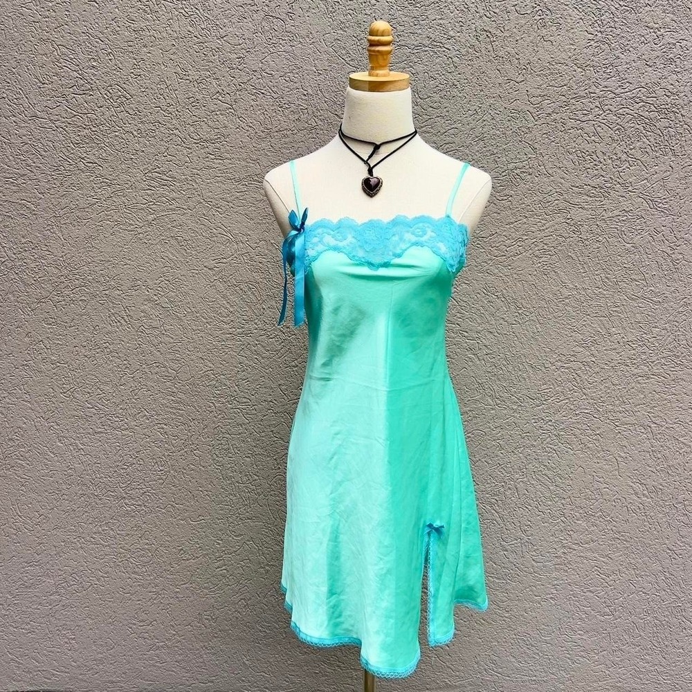 Vintage Y2K Victoria's Secret 2005 Teal Lingerie Slip Dress w/ Lace Size Small
